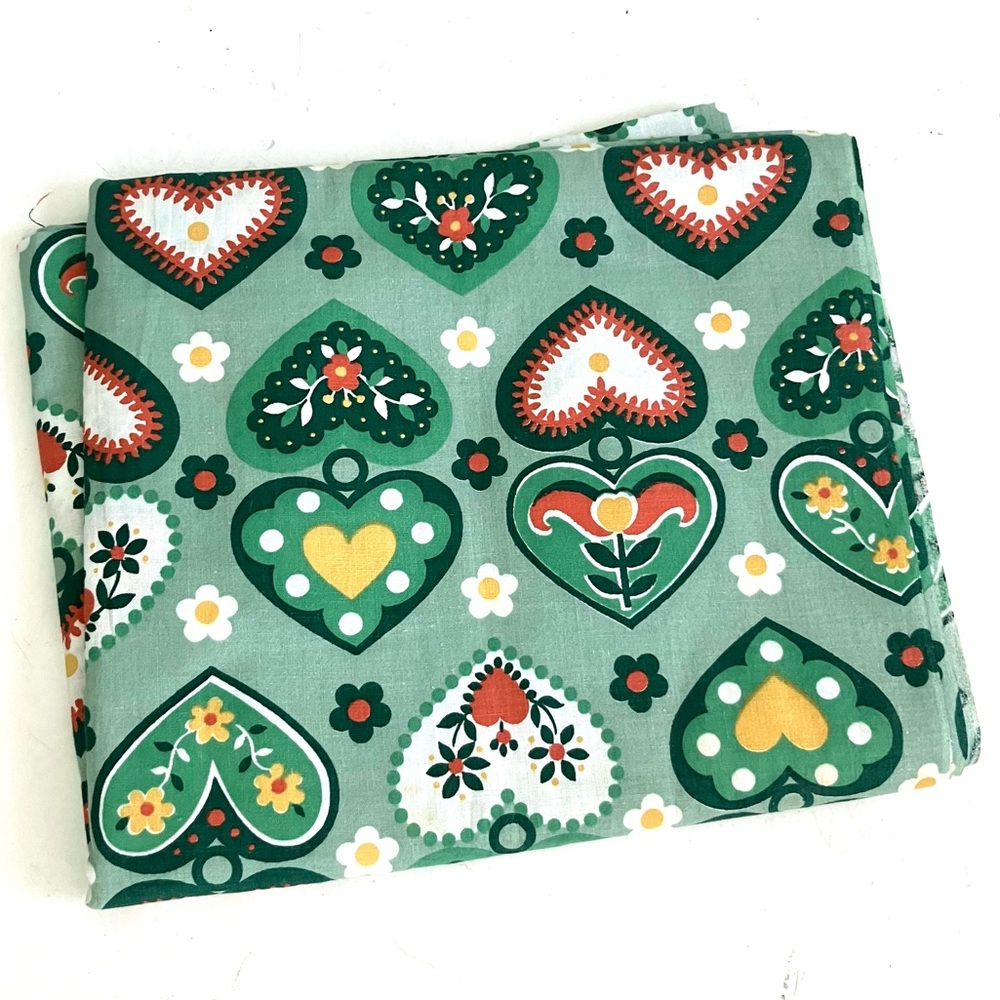 Vintage hearts Dutch folk art green cotton fabric yardage